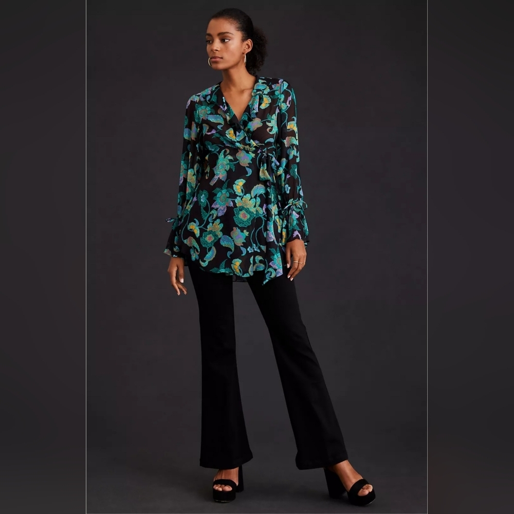 Anthropologie Sheer V-Neck Tunic Floral Black and Green